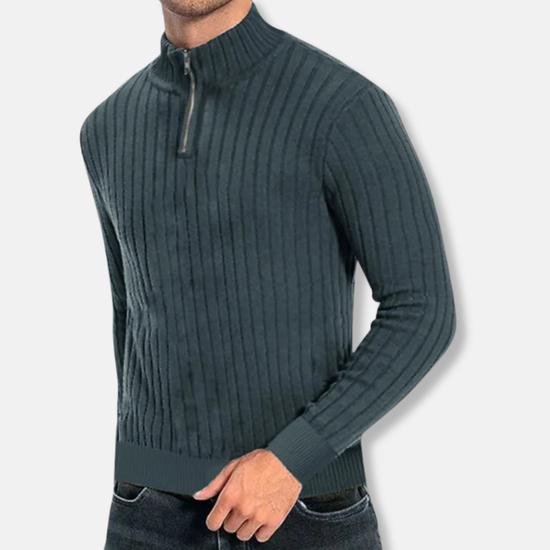 Herrtröja – Regular Fit – Ribbstickad Ullmix – Kvarts Dragkedja – Hög krage – Lång Ärm