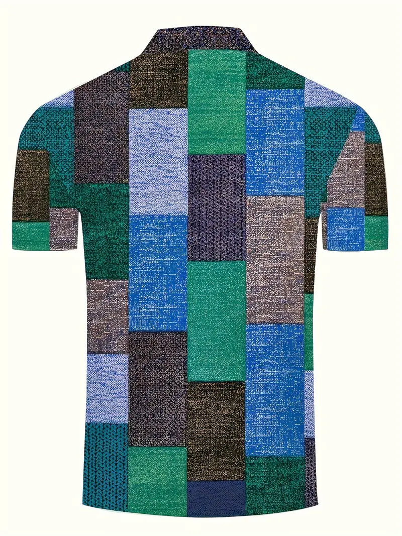Herr Pikétröja - Patchworkdesign - Vävd Textur - Knappslå - Slim Fit