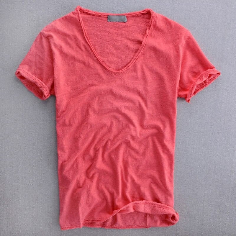 Herr T-shirt – V-ringning – Mjukstickad – Normal passform – Kort ärm – Naturliga fibrer