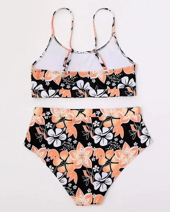 Dam Bikini Set – Högmidjade Trosor – Tanktoppmodell – Blommigt Mönster – Andningsbart Tyg