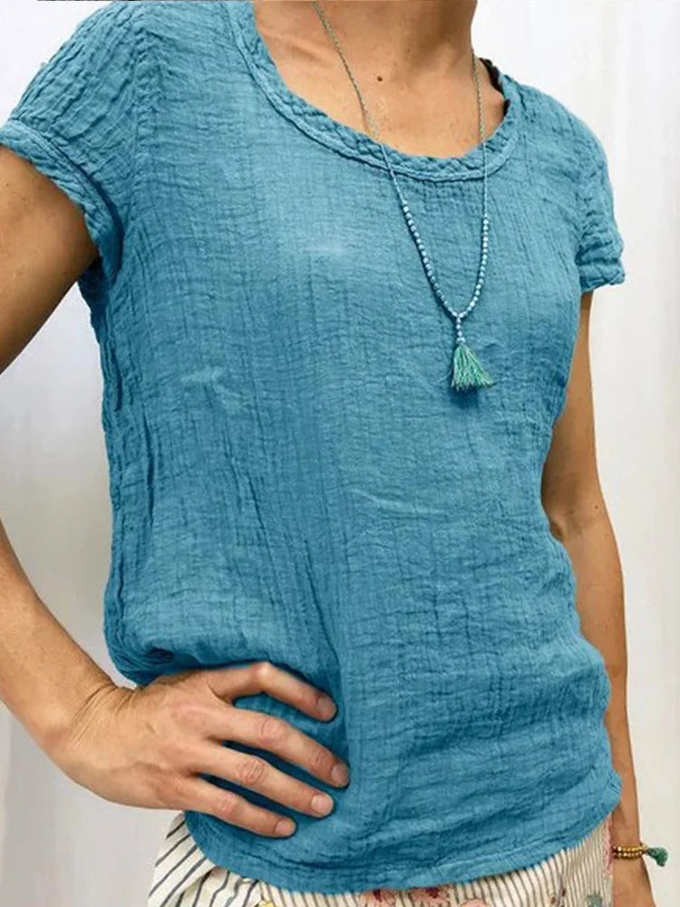 Dam T-shirt – Avslappnad Passform – Skrynklig Textur – Kort Ärm – Andningsbart Tyg