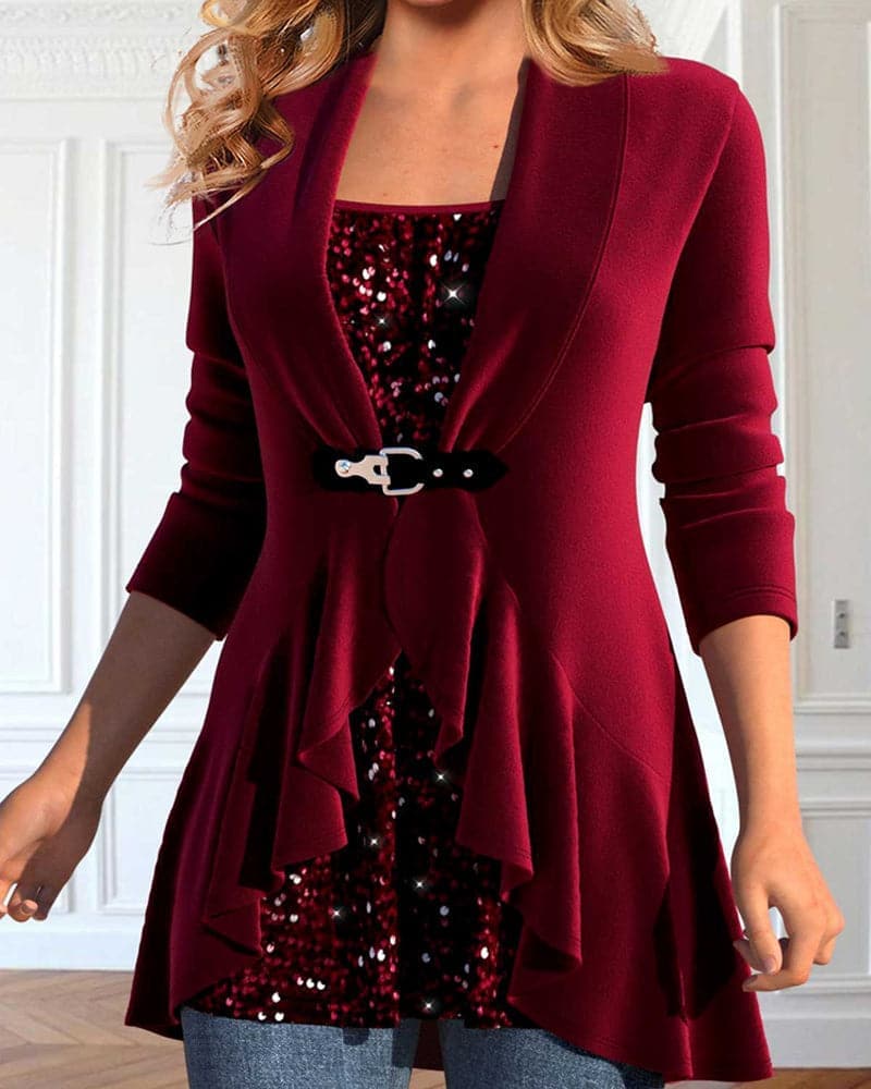 Kvinnors skräddarsydda cardigan – Asymmetrisk design – Vattenfallsfront – 3/4 ärm – Bältad passform