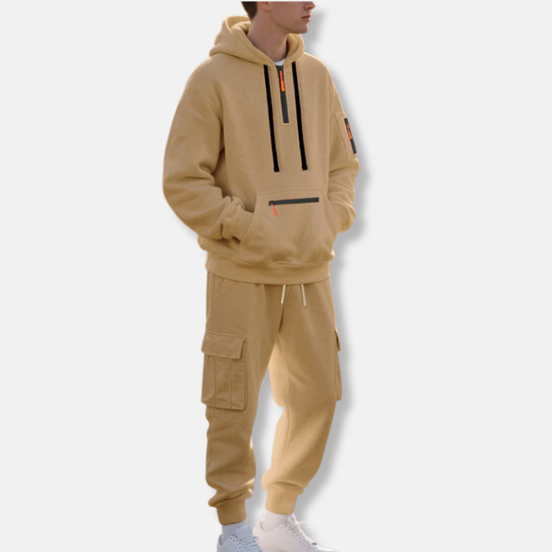 Herr Träningsset – Avslappnad Passform – Halvzip Hoodie – Cargojoggers med Dragsko
