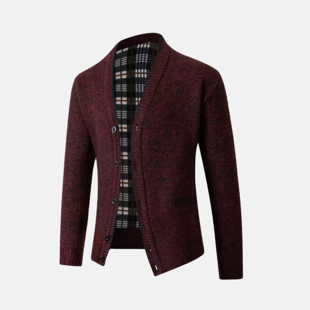 Herrkofta – Slim Fit – Stickad Ullblandning – V-ringning – Knäppning – Fickor