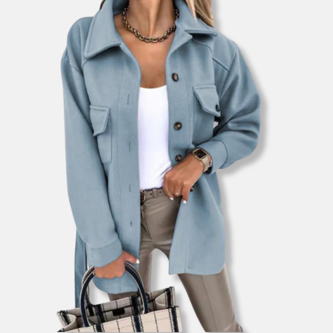 Dam Shacket Jacka – Oversize Passform – Lång Modell – Bälte – Bröstfickor med Lock