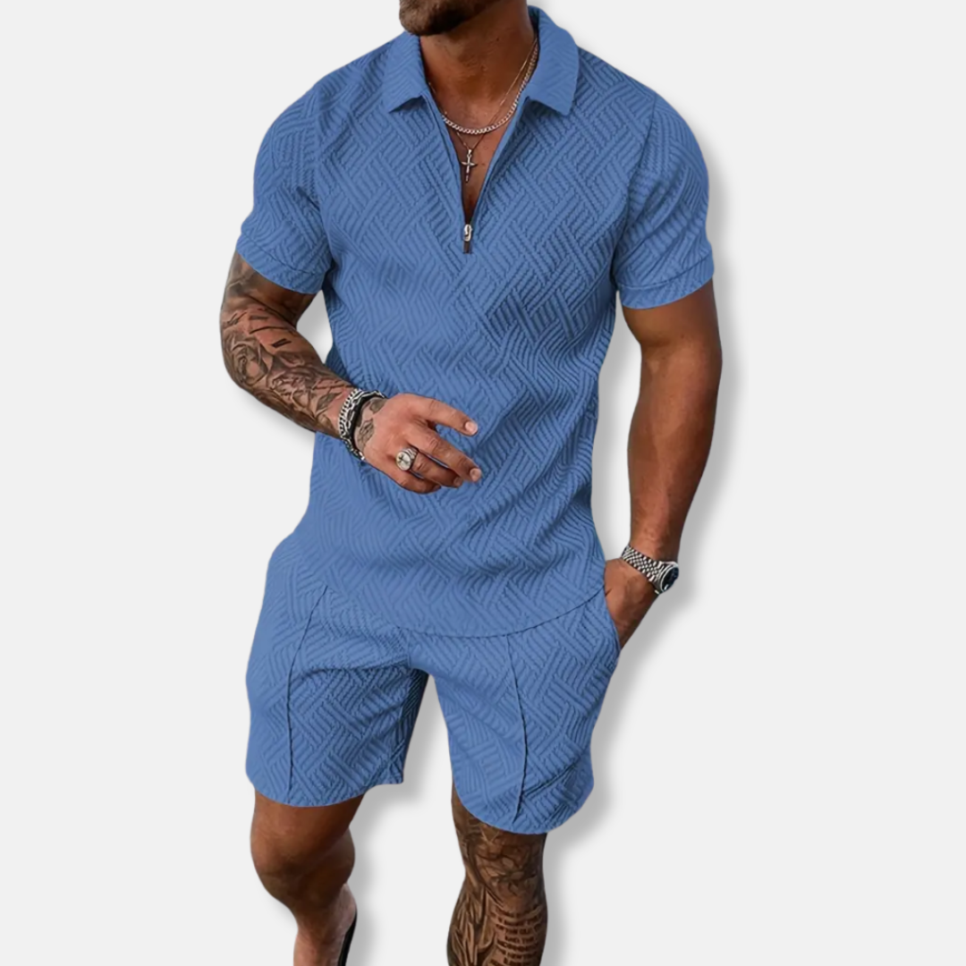 Herrset med Pikétröja och Shorts – Slim Fit – Andningsbar Struktur – Dragkedja