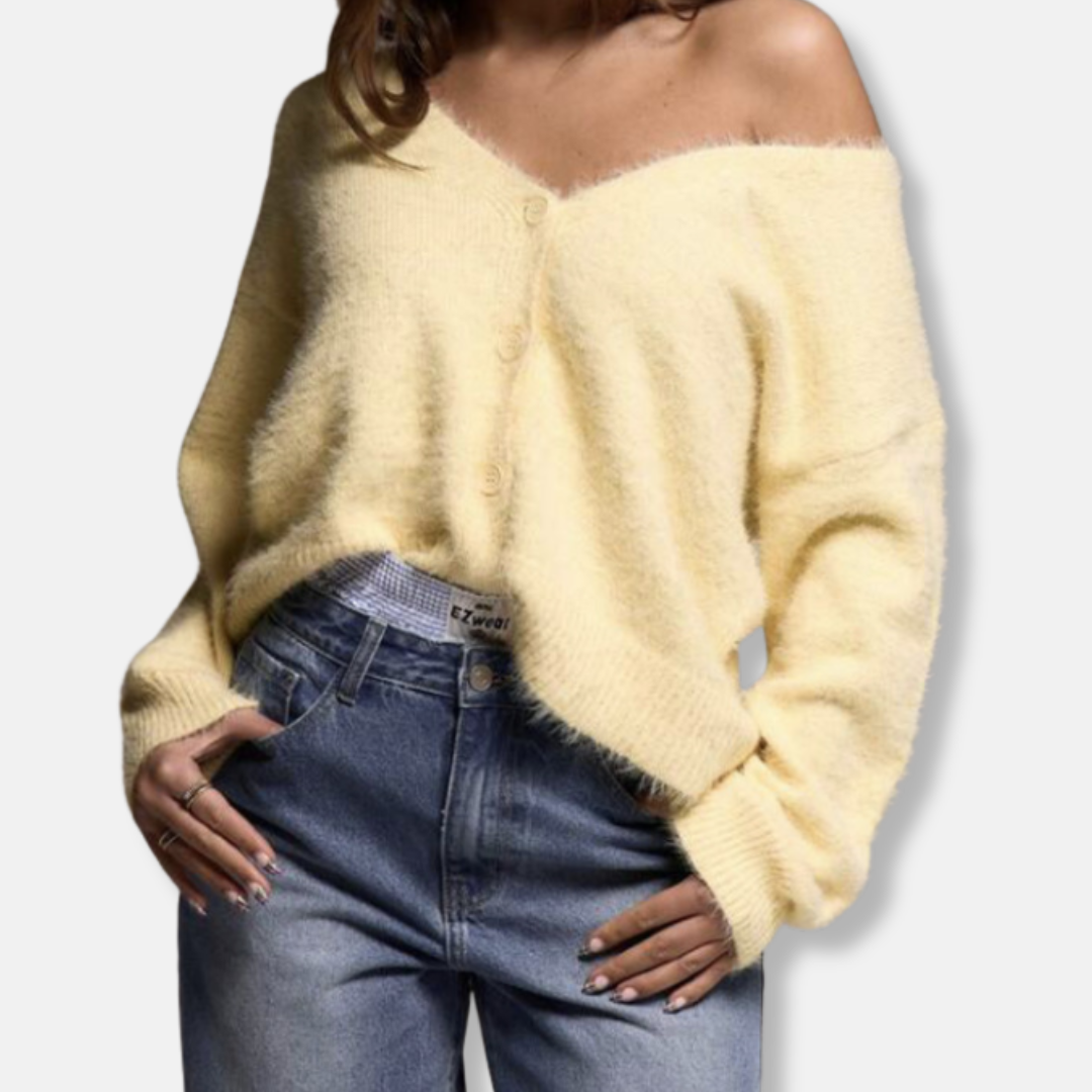 Damtop – Oversized Passform – Borstad Stickad Struktur – V-ringning med Knappar