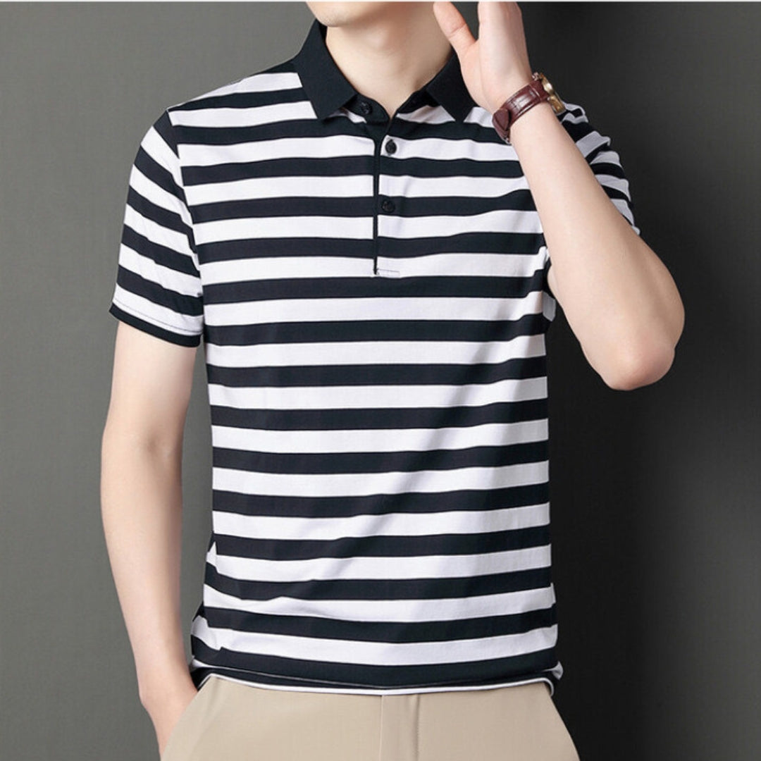 Herr Pikétröja – Slim Fit – Mjukstickad – Kort Ärm – Randig Casualstil