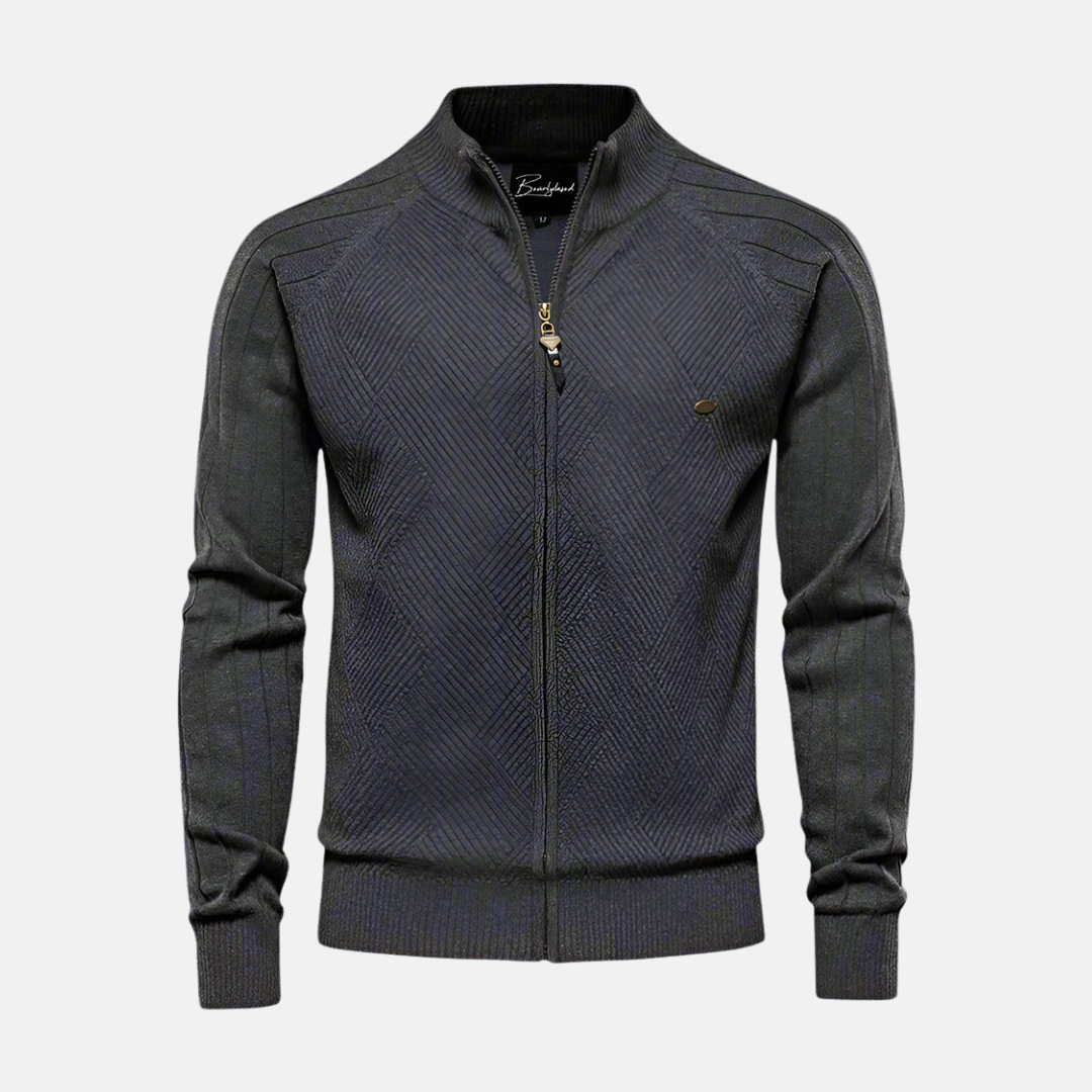 Herrjacka Stickad – Regular Fit – Strukturerad Textur – Hög Krage – Dragkedja