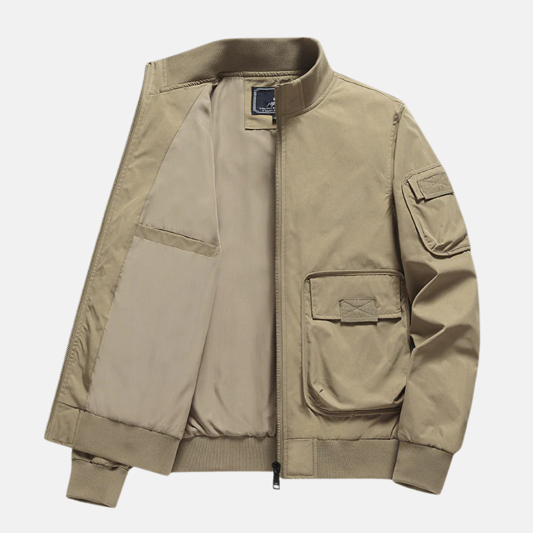 Herr Bomberjacka – Avslappnad Passform – Ribbad Krage och Muddar – Flera Fickor