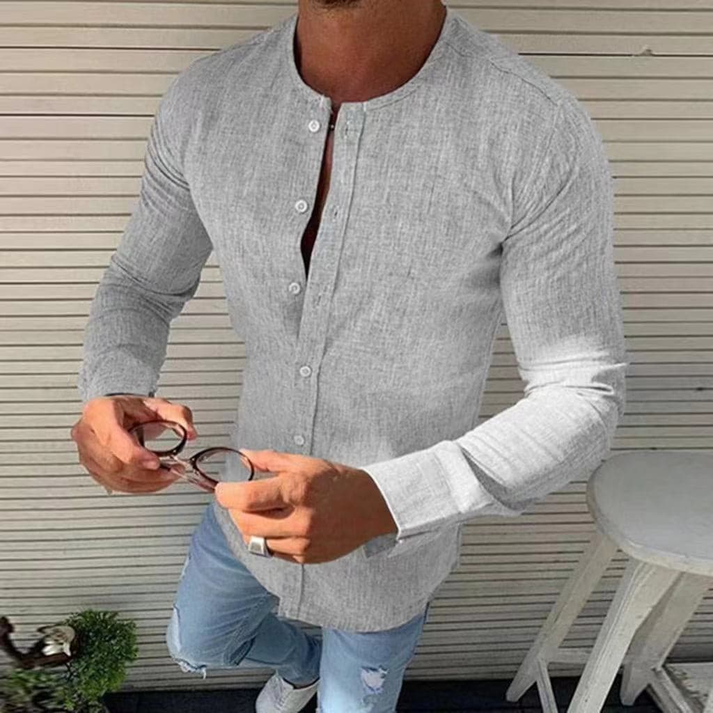 Herrskjorta - Slim Fit - Kraglös Design - Långärmad - Andningsbart Tyg
