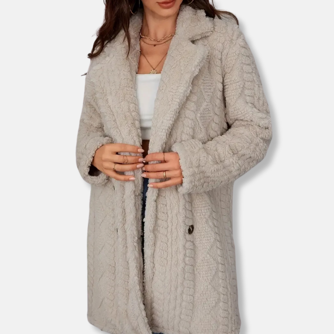 Damkappa – Mellanlång – Dubbelknäppt – Relaxed Passform – Mjuk Teddystruktur