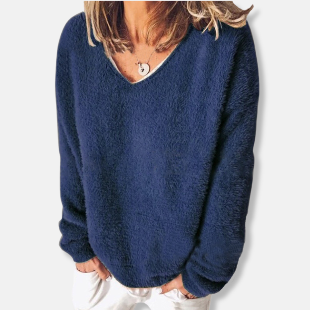 Damtröja med V-ringning – Avslappnad Passform – Mjuk Fluffig Textur – Lång ärm
