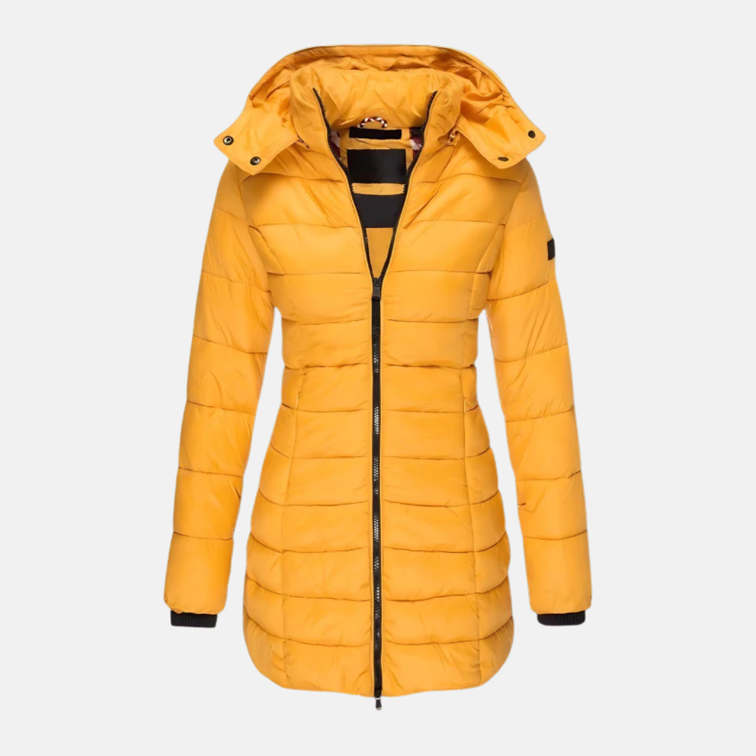 Dam Pufferjacka – Slim Fit – Quiltad – Mellanlång – Huva – Muddade Ärmslut