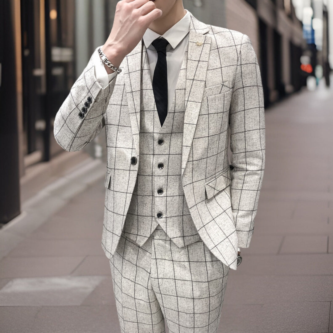 Herrkostym 3-delad – Slim Fit – Ullblandning – Rutmönster – Formell Stil