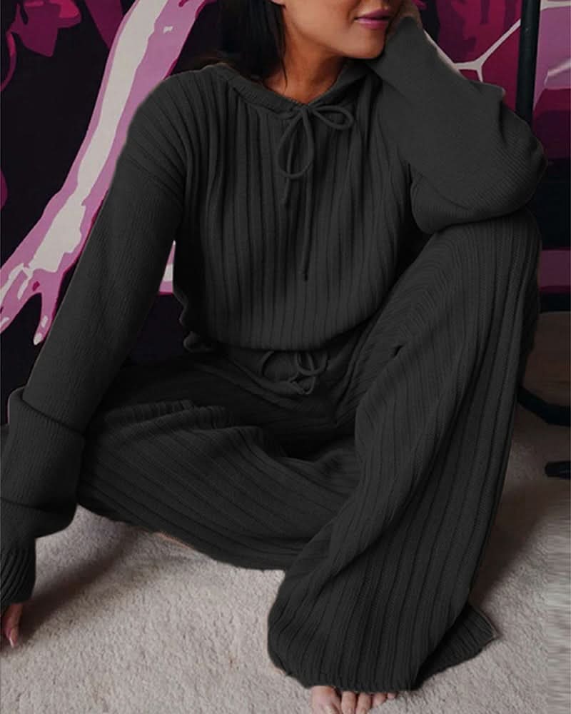 Dam Loungewear Set - Ribbstickad Stickad - Vida Byxor & Långärmad Tröja - Justerbar Passform