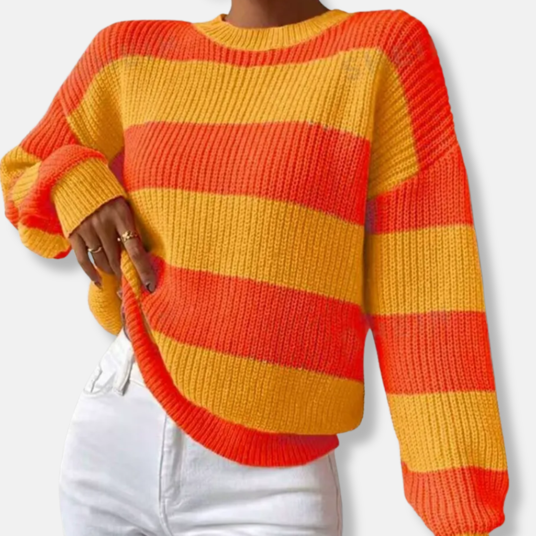 Damtröja – Ribbstickad – Lös Passform – Ballongärmar – Rund Hals – Randig