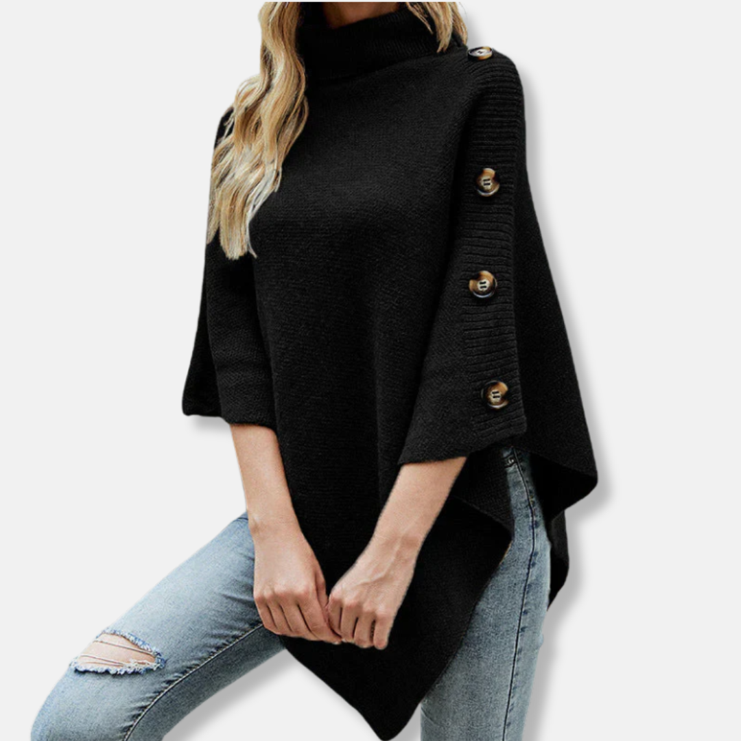 Dam Poncho – Stickad – Oversize Passform – Hög Ribbad Krage – Asymmetrisk Kant
