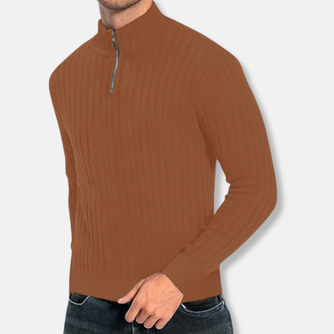 Herrtröja – Regular Fit – Ribbstickad Ullmix – Kvarts Dragkedja – Hög krage – Lång Ärm