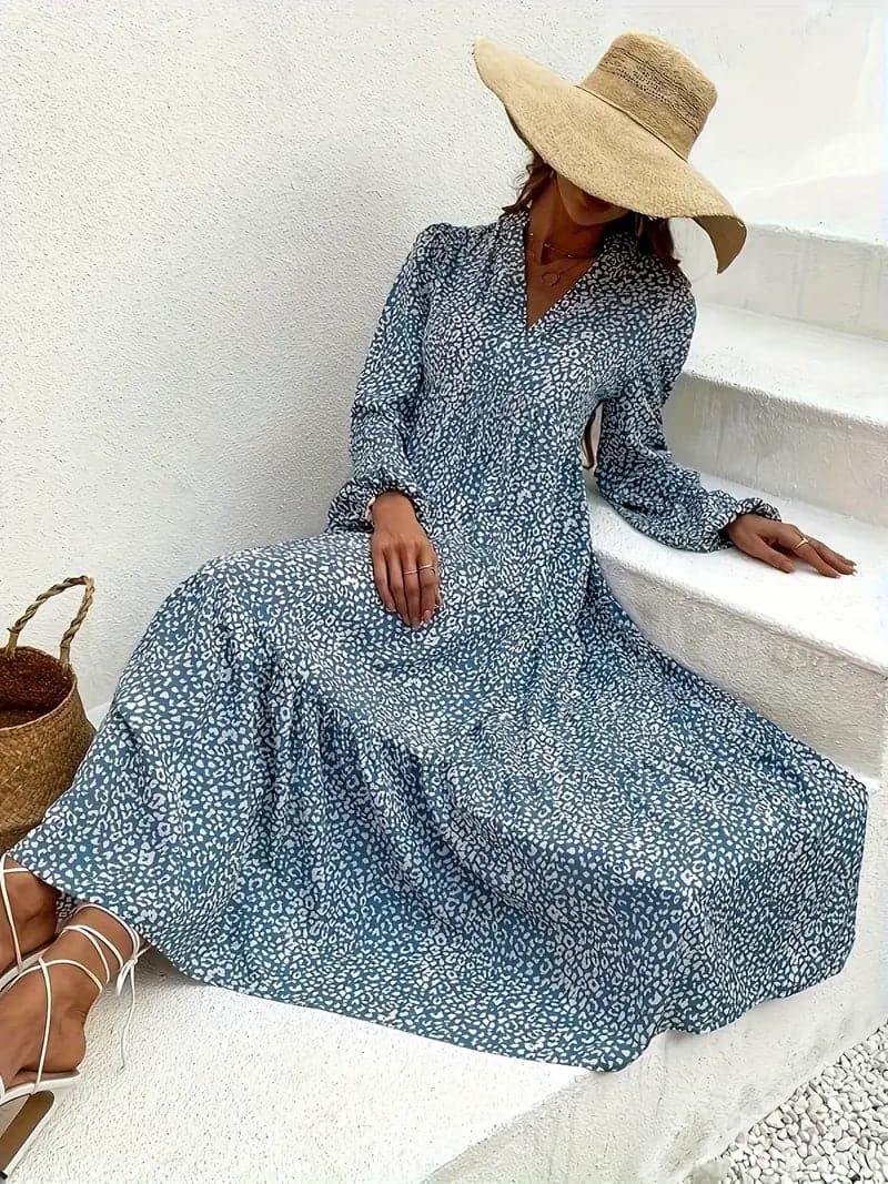 Damklänning - Maxilängd - Blommigt Mönster - Långärmad med V-hals - Lös Passform