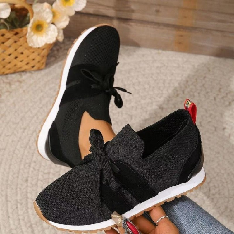 Dam Sneakers – Stickat Tyg – Andas – Låg Modell – Snörning för Anpassad Passform