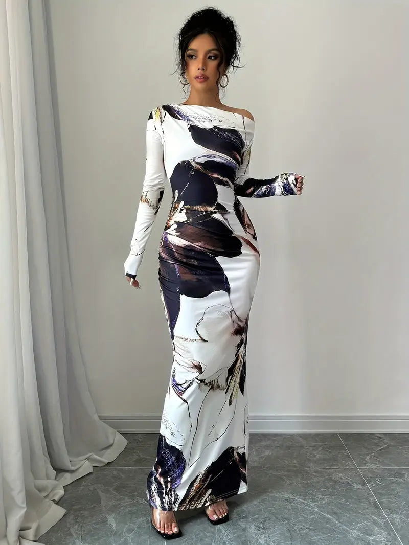 Dam Maxiklänning – Figurnära Passform – Off Shoulder – Långa Ärmar – Mönstrad Design