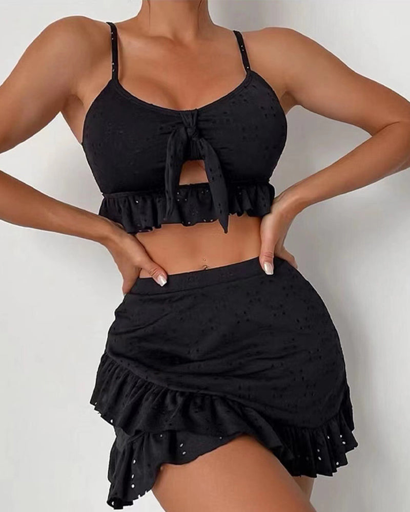 Dam Bikini Set – Knytfront Topp – Broderad Struktur – Volangkjol – Andningsbar Mix