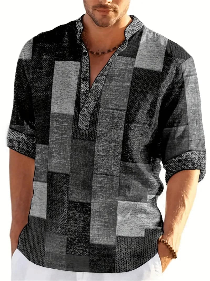 Herrskjorta - Regular Fit - Långärmad Patchworkdesign - V-ringning Casual