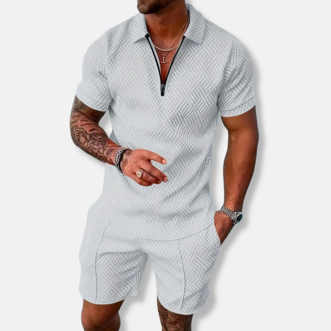 Herrset med Pikétröja och Shorts – Slim Fit – Andningsbar Struktur – Dragkedja
