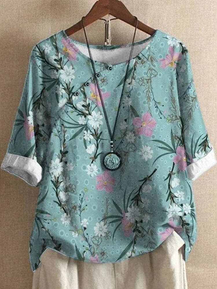 Damblus - Blommigt Mönster - Rund Hals - Halvlång Ärmar - Bekväm och Andas