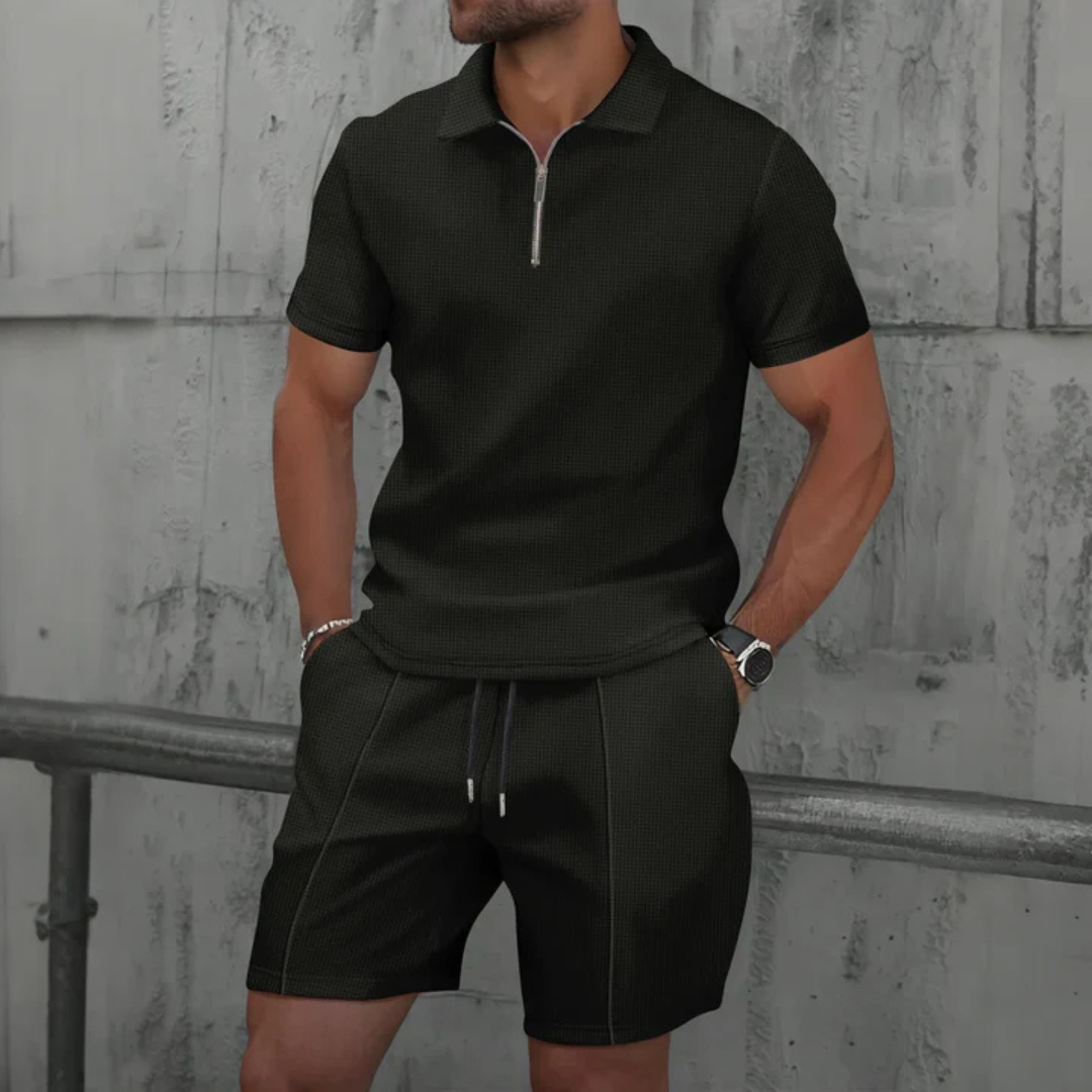 Herr Co-ords Set – Slim Fit Pikétröja och Shorts – Mjukstickat – Dragkedja i halsen