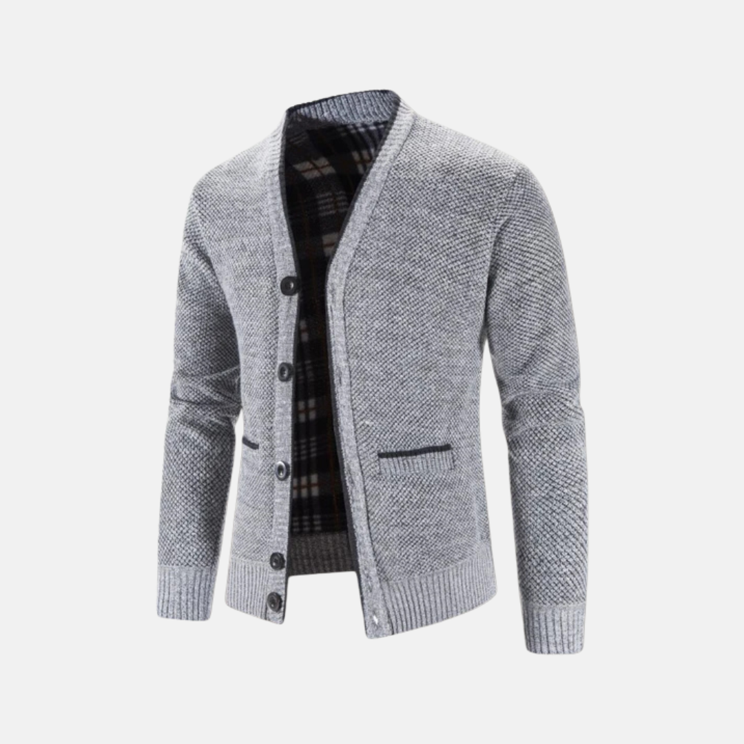 Herrkofta – Slim Fit – Stickad Ullblandning – V-ringning – Knäppning – Fickor