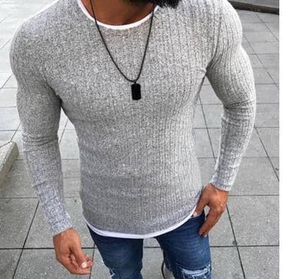 Herr Tröja - Slim Fit Ribbstickad - Långärmad Rund Hals - Modern och Bekväm