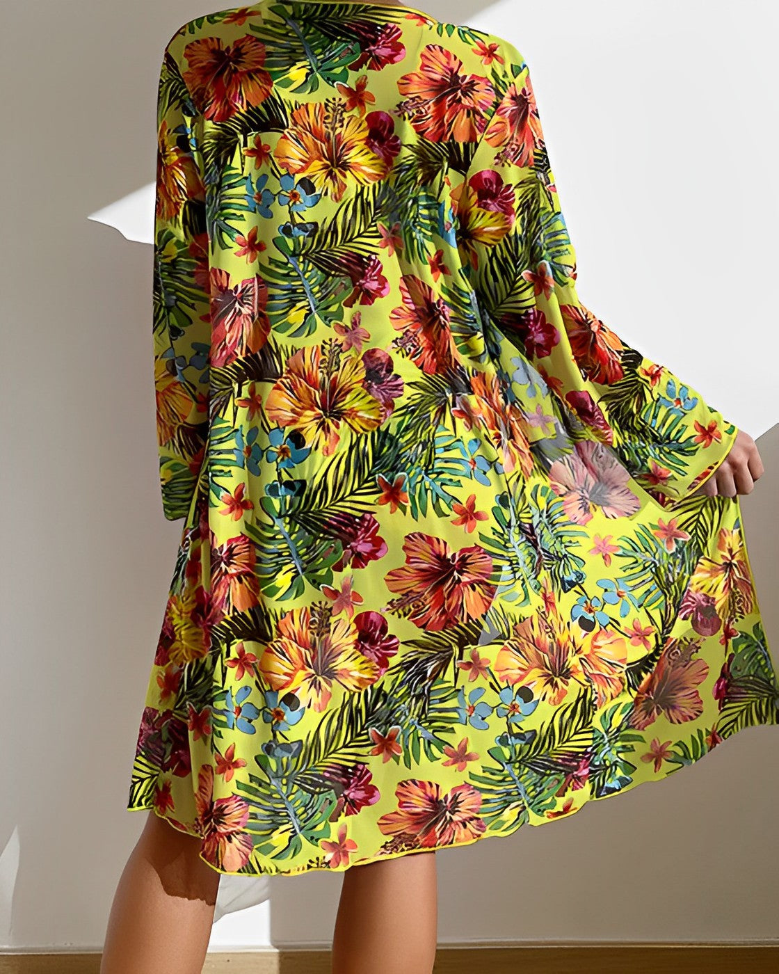 Dam Bikini Set – Justerbar Knyt-Top – Hög Midja – Blommig Täckande Tunn Kimono