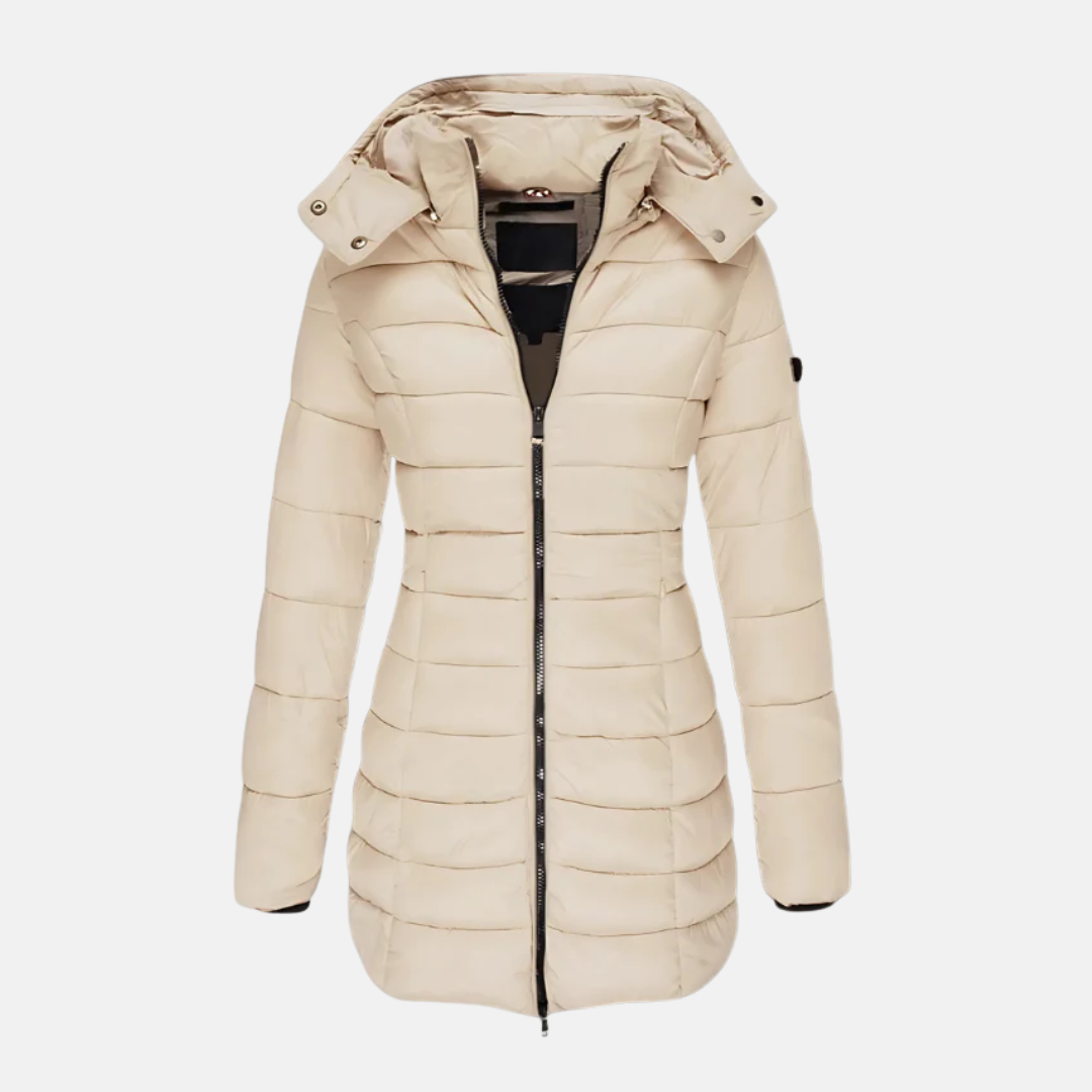 Dam Pufferjacka – Slim Fit – Quiltad – Mellanlång – Huva – Muddade Ärmslut