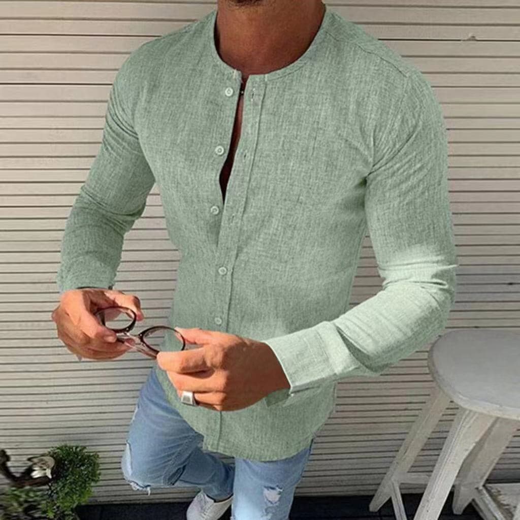 Herrskjorta - Slim Fit - Kraglös Design - Långärmad - Andningsbart Tyg