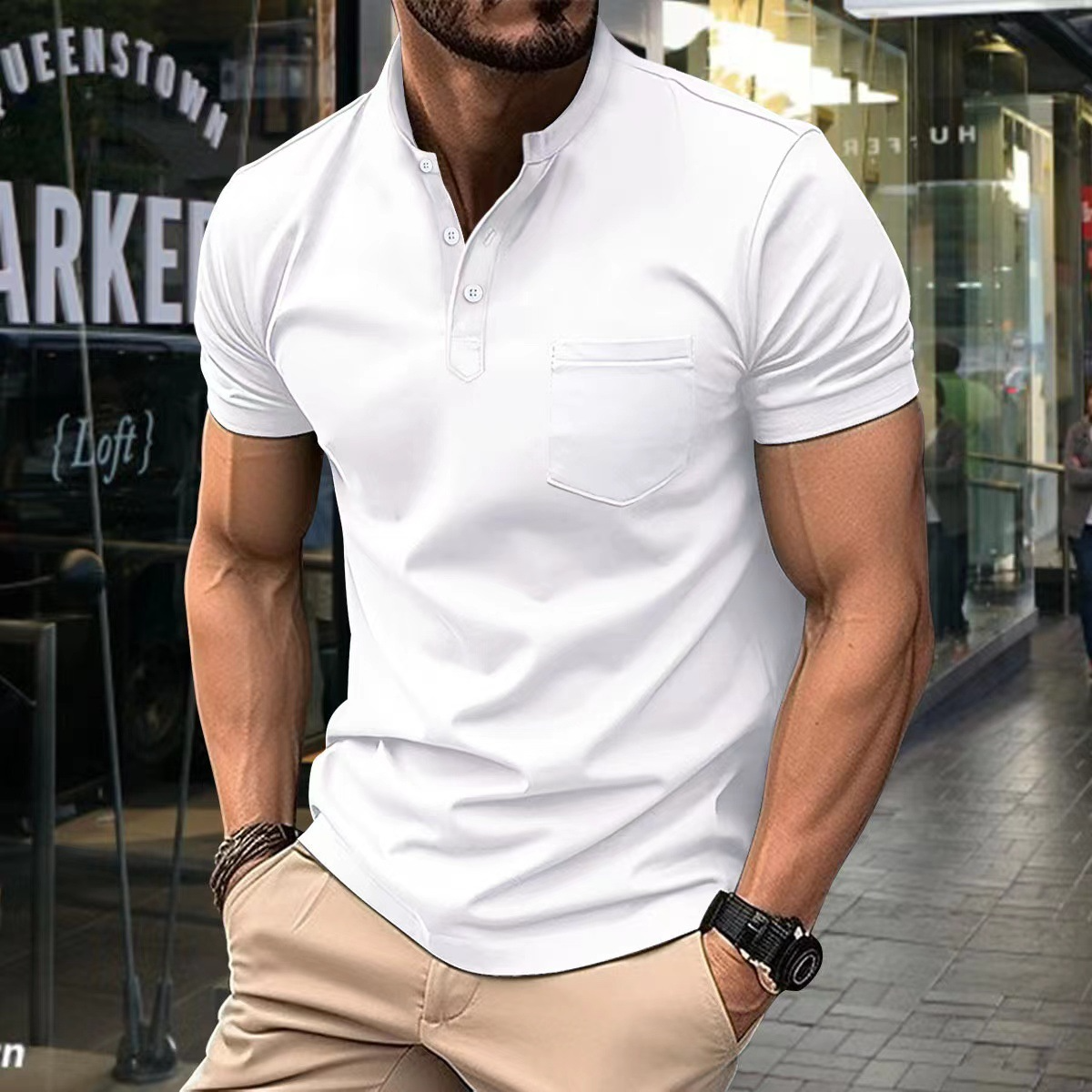 Herrpikétröja – Slim Fit – Mjukstickad – Halvkrage – Kort Ärm – Bröstficka
