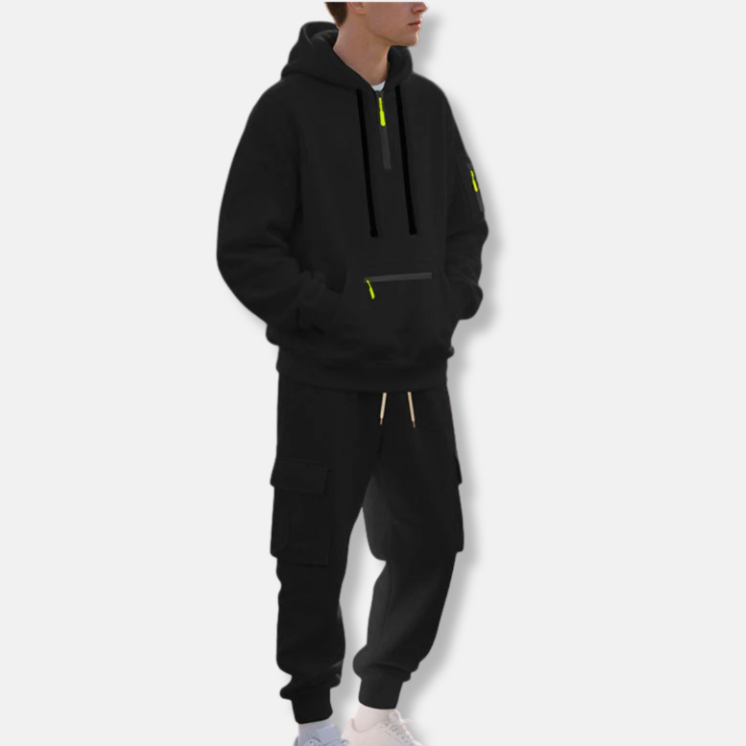 Herr Träningsset – Avslappnad Passform – Halvzip Hoodie – Cargojoggers med Dragsko