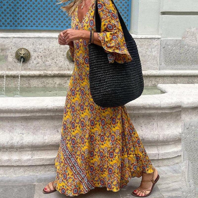 Damklänning maxi – Lös passform – V-ringning – Lång ärm – Andningsbar mix – Slitsar