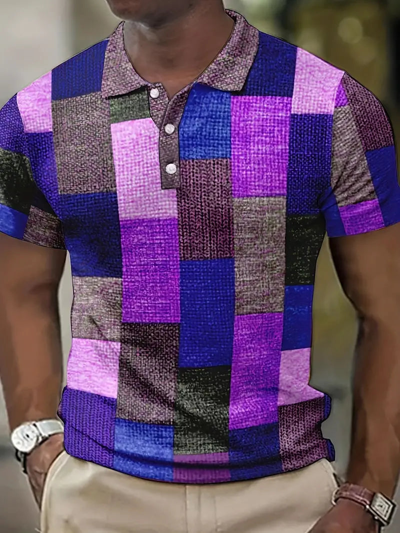Herr Pikétröja - Patchworkdesign - Vävd Textur - Knappslå - Slim Fit