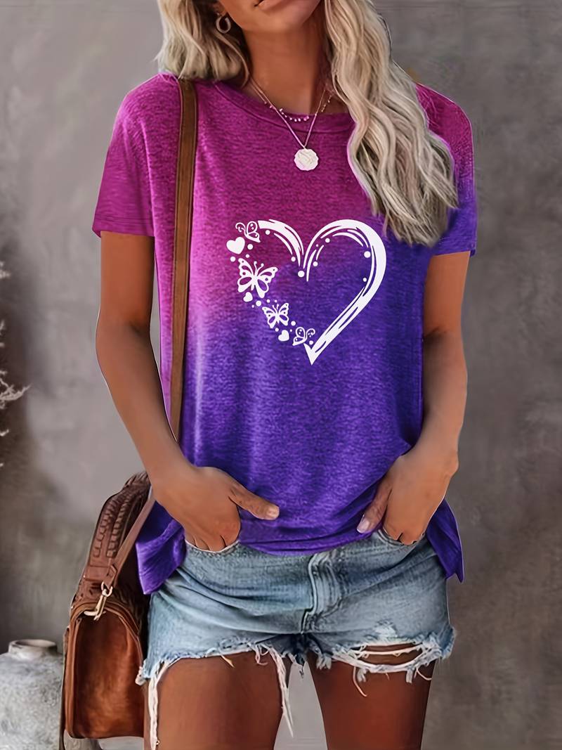 Dam T-shirt - Rundhals - Kortärmad - Fjäril & Hjärtmotiv - Bekväm Vardagströja