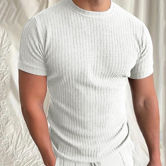 Herr T-shirt – Skräddarsydd Passform – Ribbad Struktur – Mjukstickad – Rund Hals – Kort Ärm