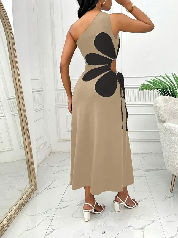 Dam Klänning - One-Shoulder Maxi - Blommigt Motiv - Ärm lös Elegant Design