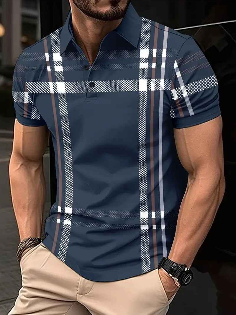 Herr Polo T-shirt - Rutigt Mönster - Slim Fit - Andningsbar Kortärmad