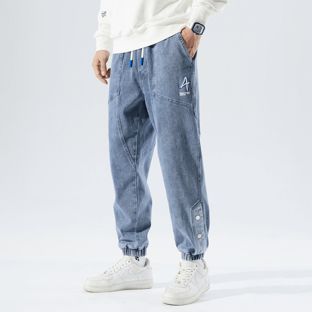Herr Joggerbyxor – Avslappnad Passform – Denim – Dragsko i Midjan – Elastiska Muddar