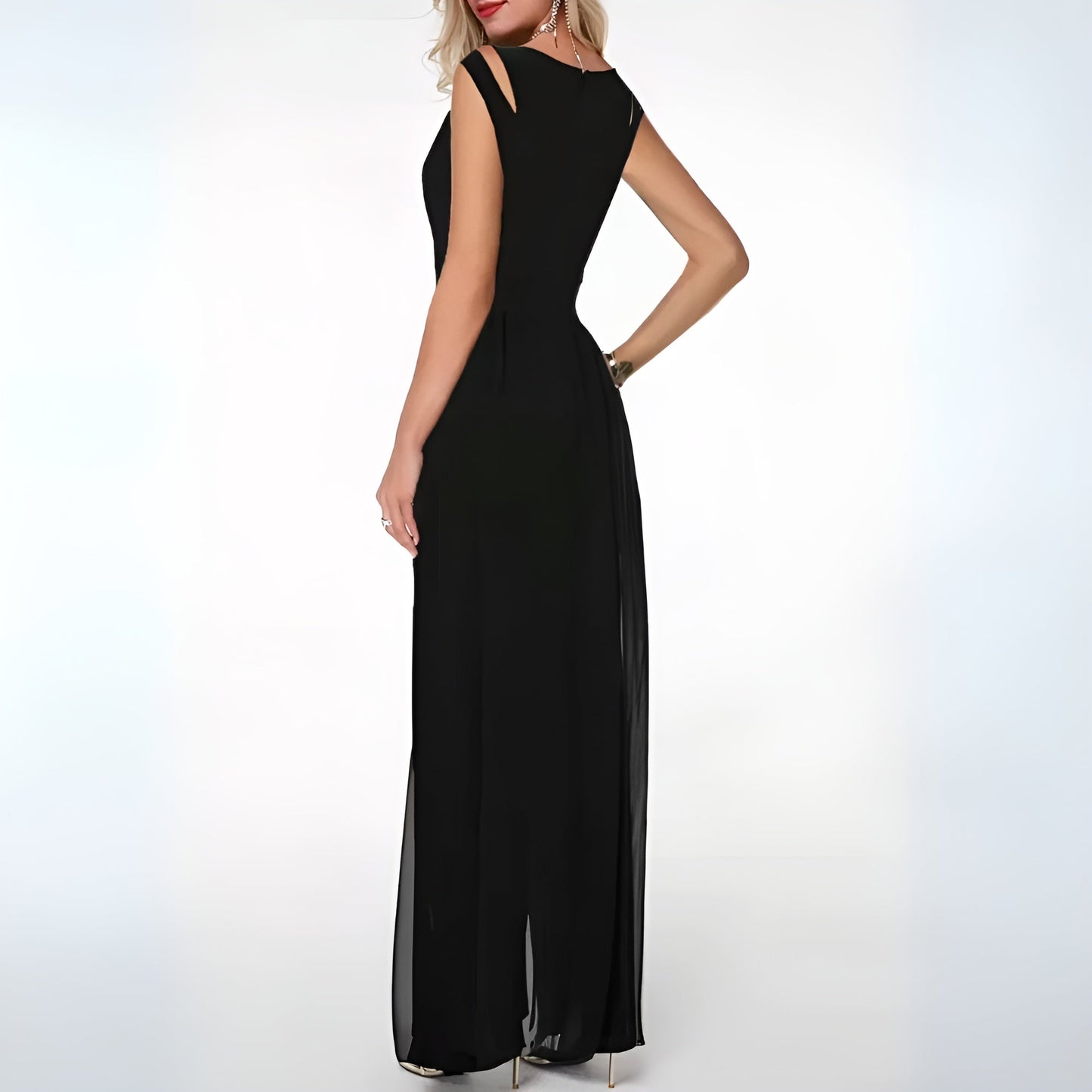 Dam Jumpsuit - Ärmös - Utskuren Detalj - Vida Ben - Maxi Overlay - Elegant Festdräkt