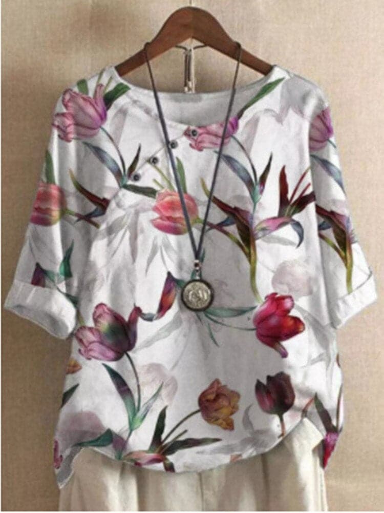 Damblus - Blommigt Mönster - Rund Hals - Halvlång Ärmar - Bekväm och Andas
