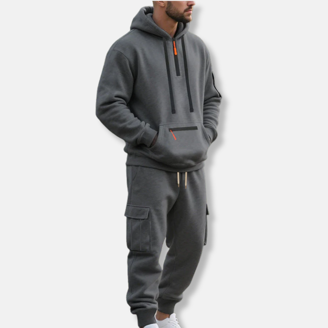 Herr Träningsset – Avslappnad Passform – Halvzip Hoodie – Cargojoggers med Dragsko