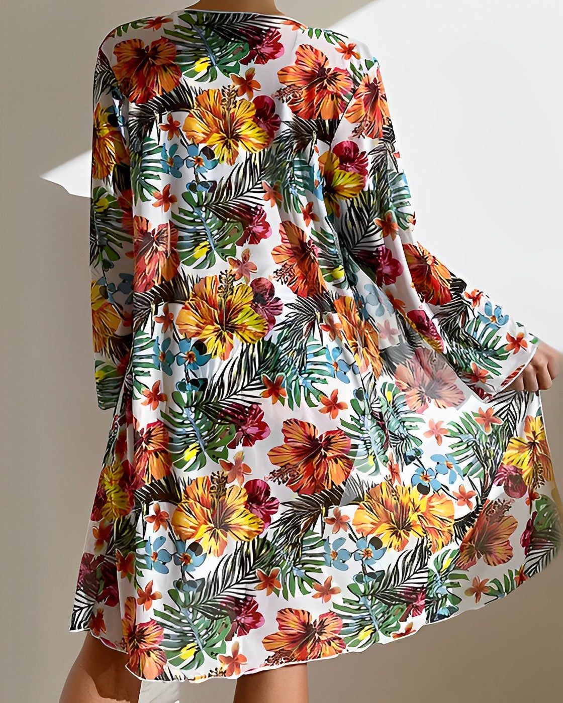 Dam Bikini Set – Justerbar Knyt-Top – Hög Midja – Blommig Täckande Tunn Kimono