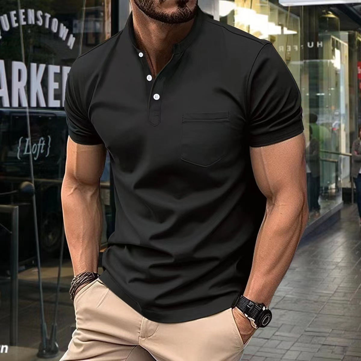 Herrpikétröja – Slim Fit – Mjukstickad – Halvkrage – Kort Ärm – Bröstficka